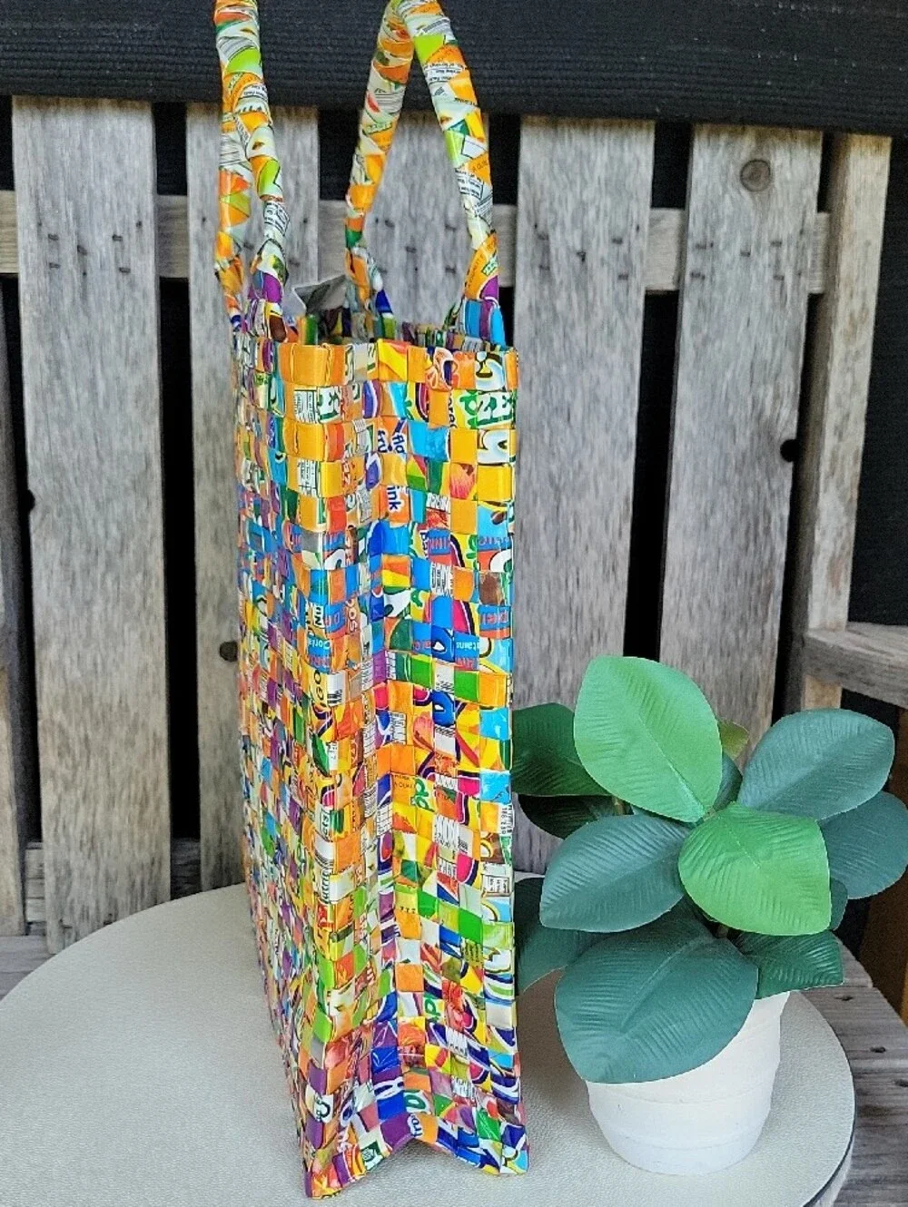 Multicolor Basket Weave Hobo Bag Made Out Of Misprinted Juice Boxes- Biyaya
